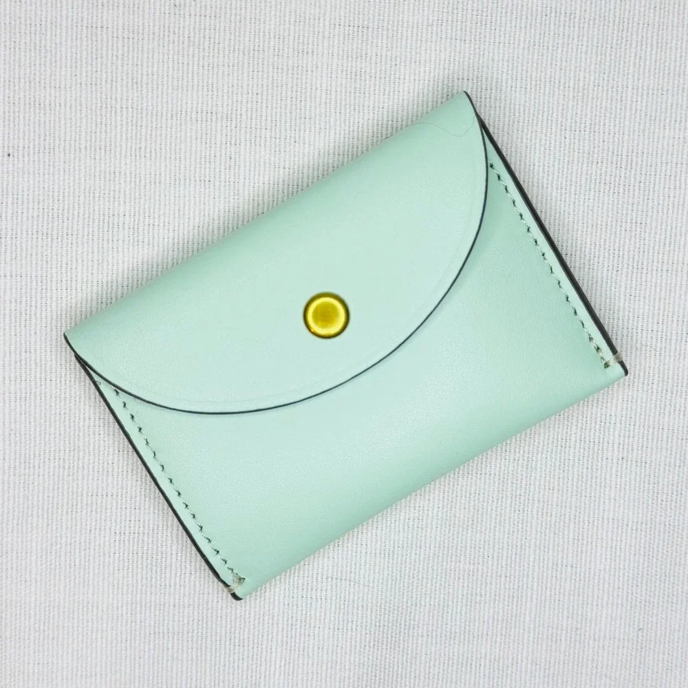 J.Crew Mint Green Leather Envelope Card Case Wallet Gold Snap New